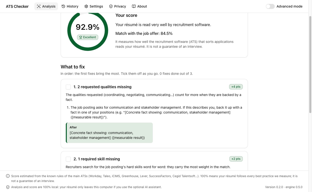 The list of fixes: each step has a checkbox, its gain in points and a before → after example.