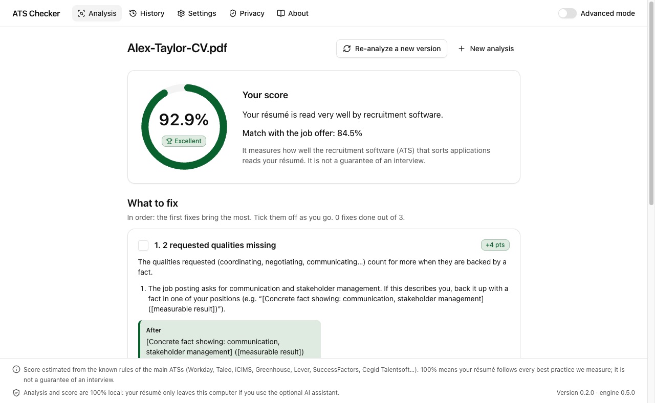 Result of an analysis in standard mode: the score, a plain-language sentence, the match with the job offer and the first fix to make.