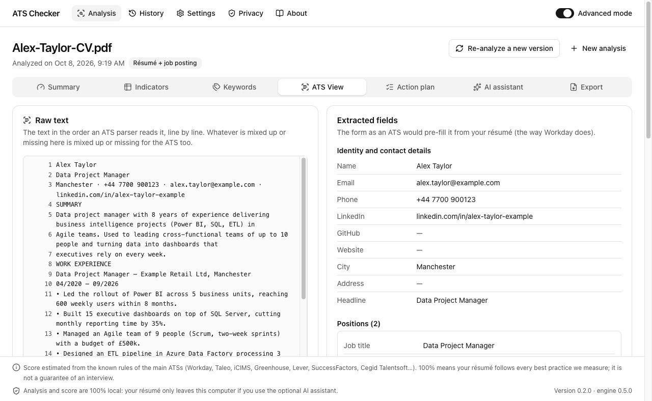 Advanced mode, ATS View tab: on the left the raw text read line by line, on the right the extracted fields (name, email, phone, positions).