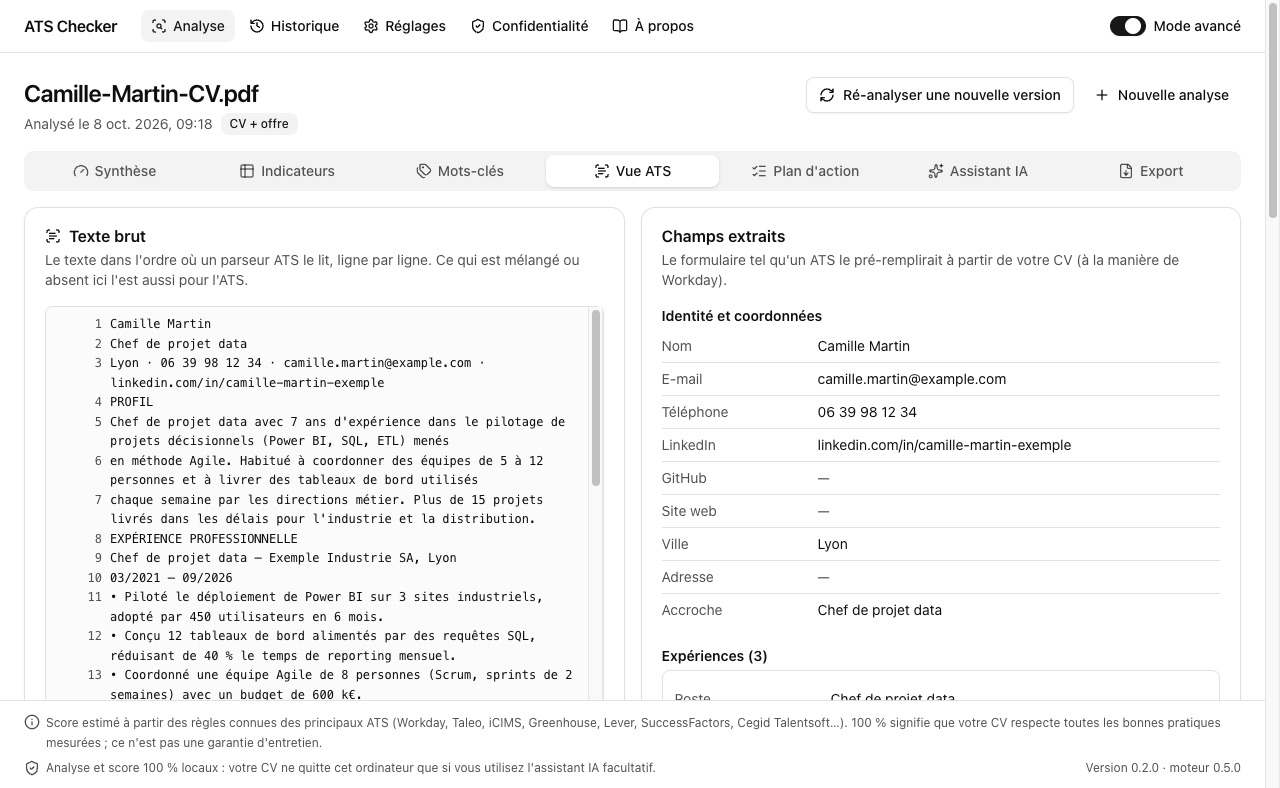 Mode avancé, onglet Vue ATS : à gauche le texte brut lu ligne par ligne, à droite les champs extraits (nom, e-mail, téléphone, postes).